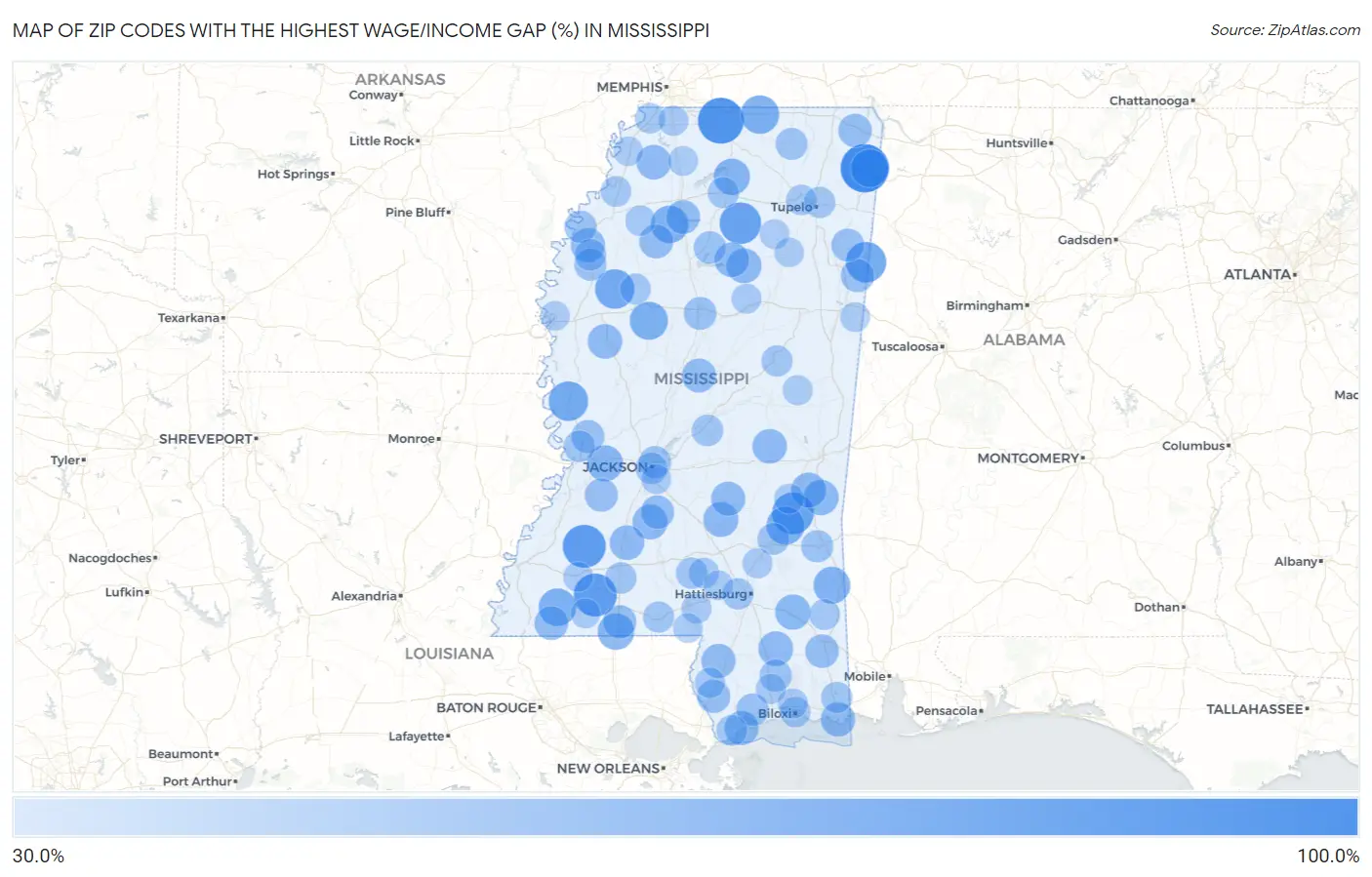 Zip Codes with the Highest Wage/Income Gap (%) in Mississippi Map