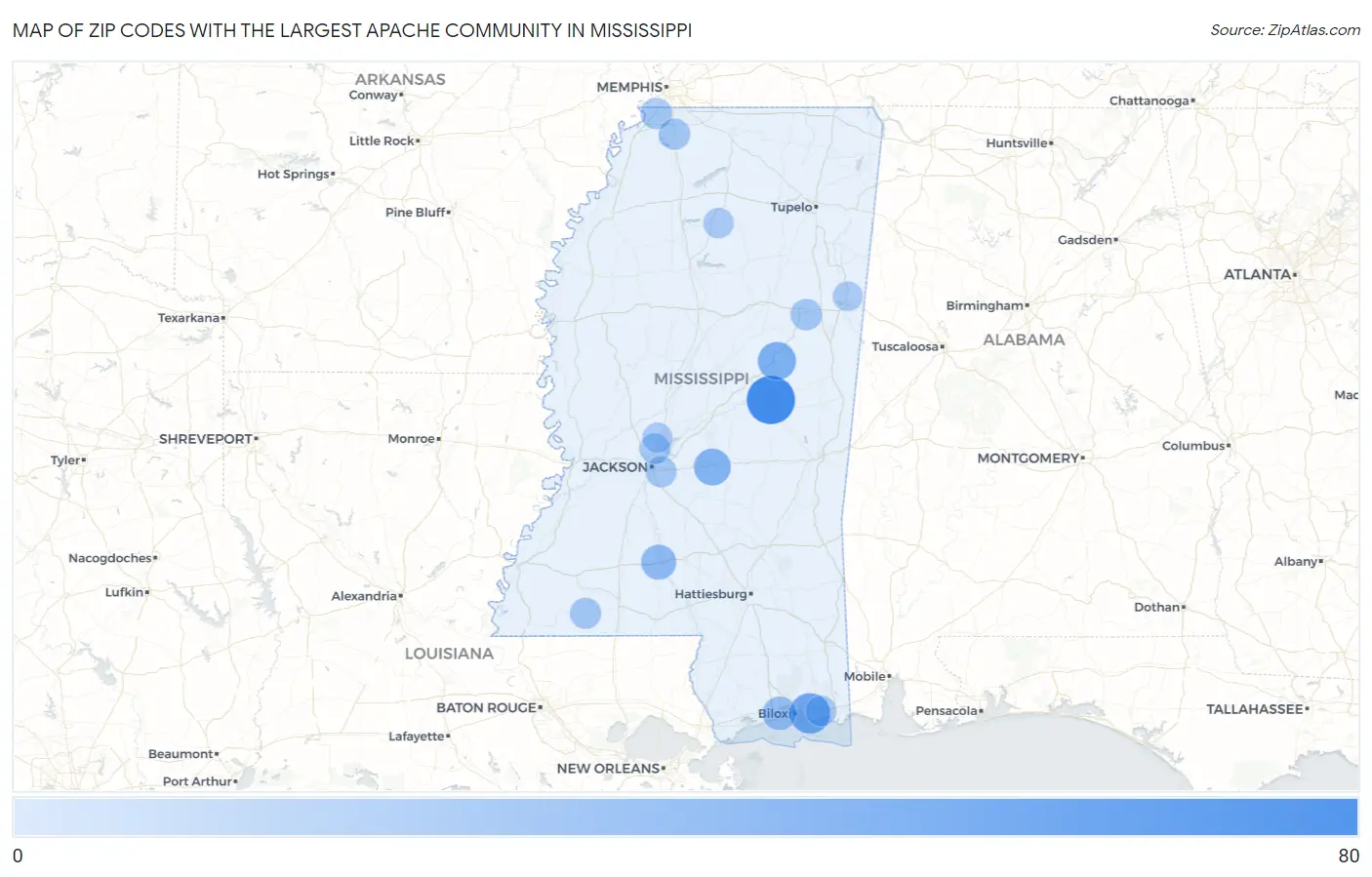 Zip Codes with the Largest Apache Community in Mississippi Map