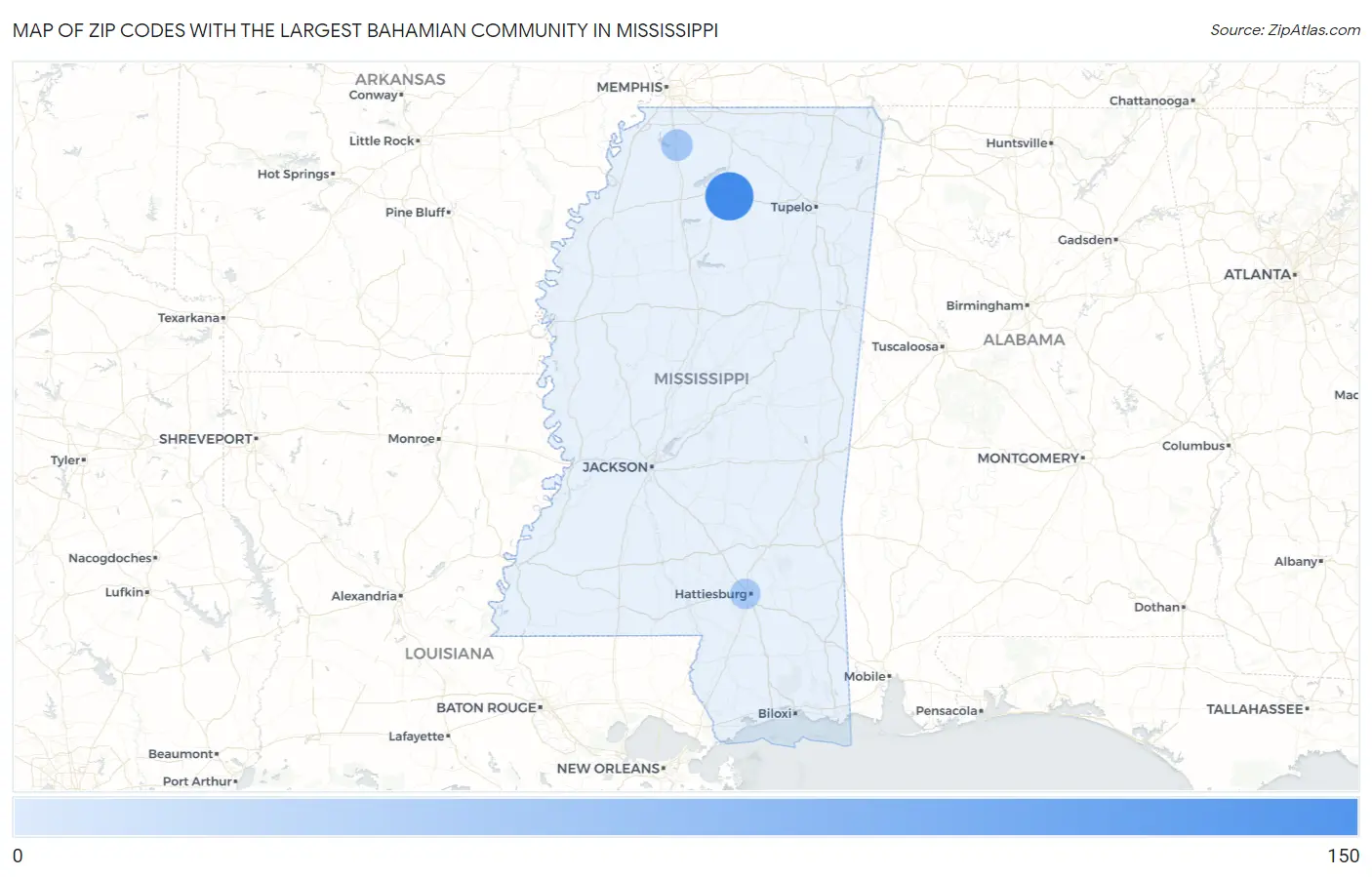 Zip Codes with the Largest Bahamian Community in Mississippi Map