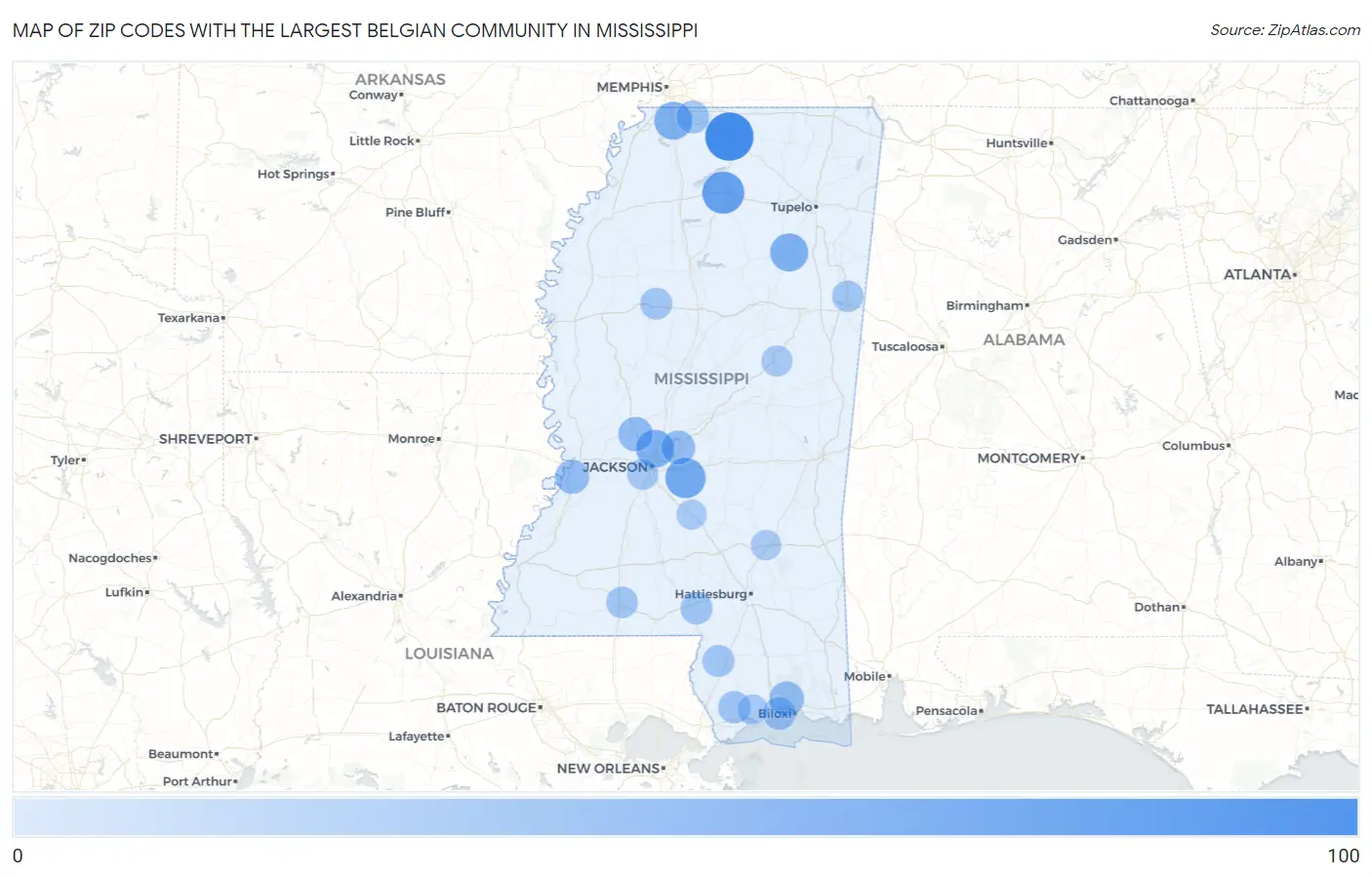 Zip Codes with the Largest Belgian Community in Mississippi Map
