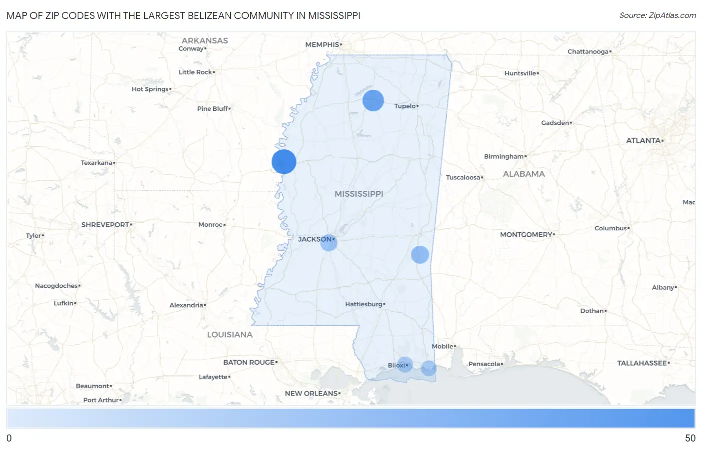 Zip Codes with the Largest Belizean Community in Mississippi Map