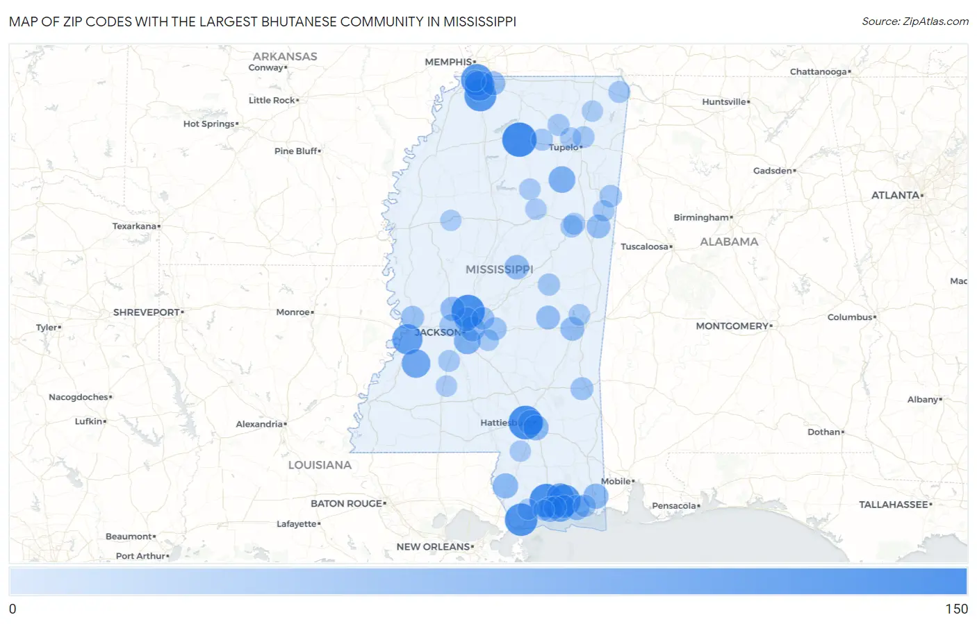 Zip Codes with the Largest Bhutanese Community in Mississippi Map