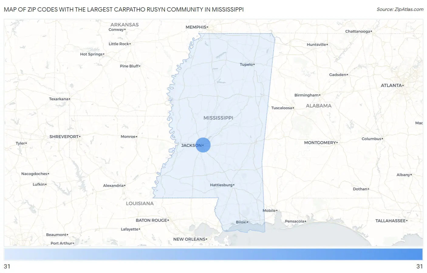 Zip Codes with the Largest Carpatho Rusyn Community in Mississippi Map
