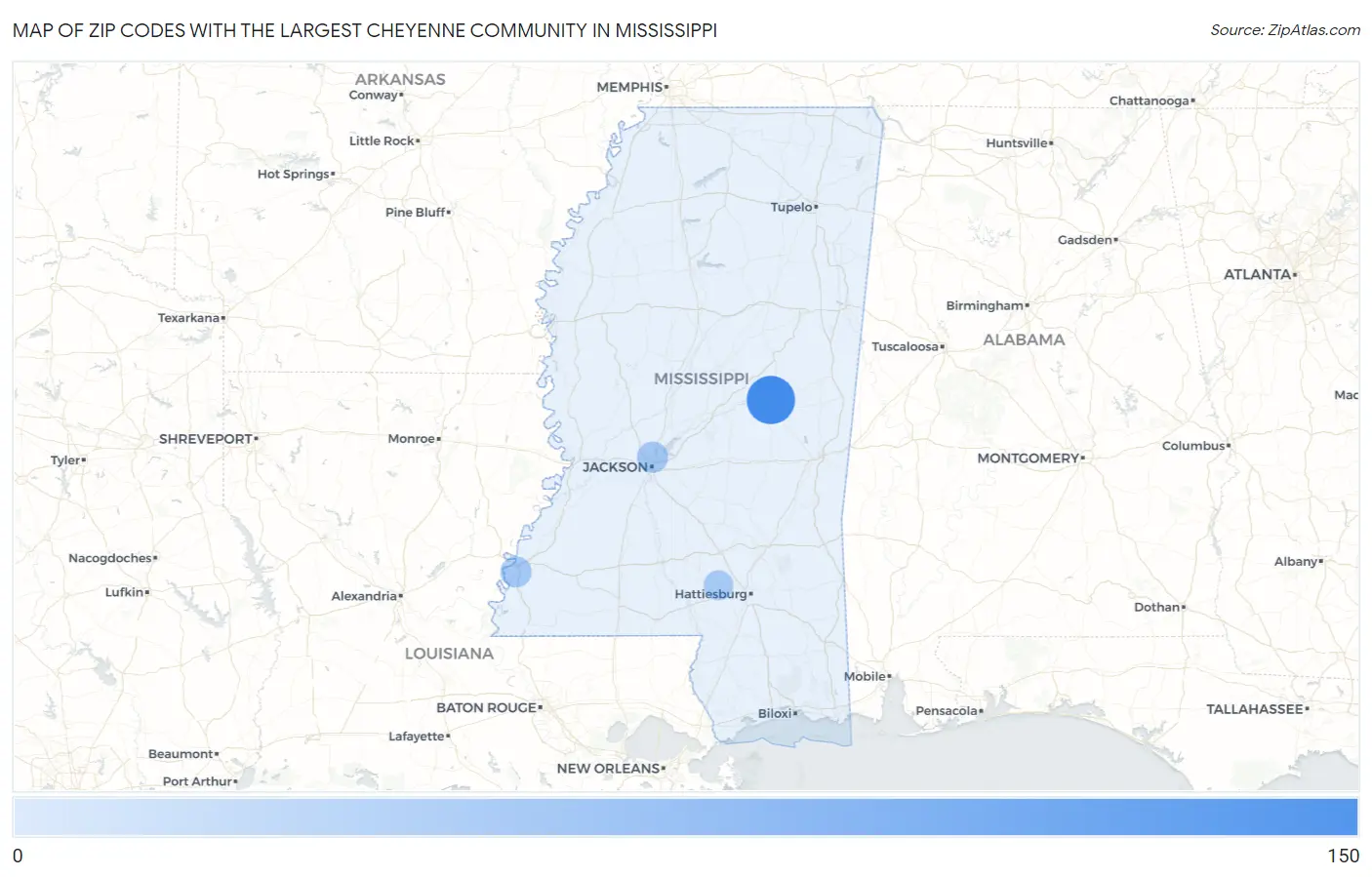 Zip Codes with the Largest Cheyenne Community in Mississippi Map