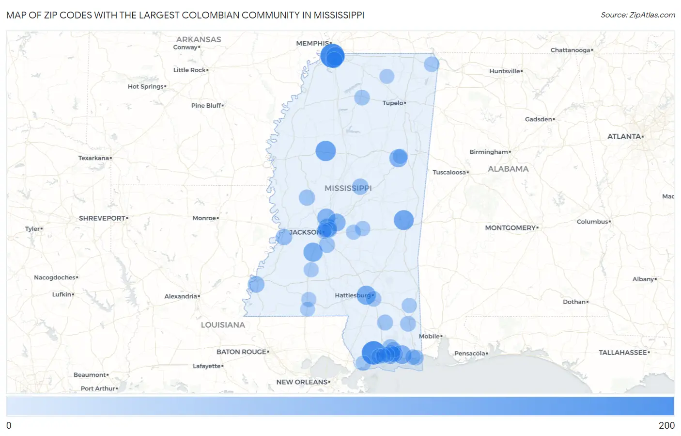 Zip Codes with the Largest Colombian Community in Mississippi Map