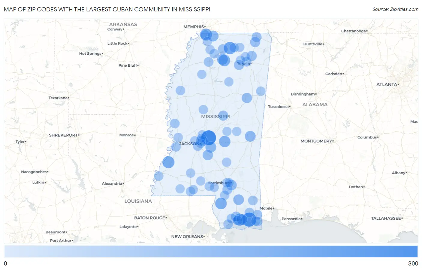 Zip Codes with the Largest Cuban Community in Mississippi Map