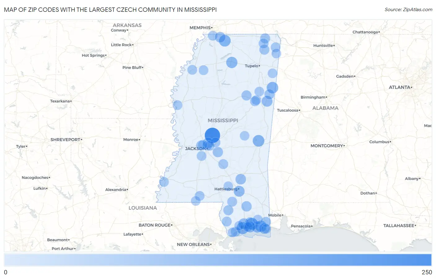 Zip Codes with the Largest Czech Community in Mississippi Map