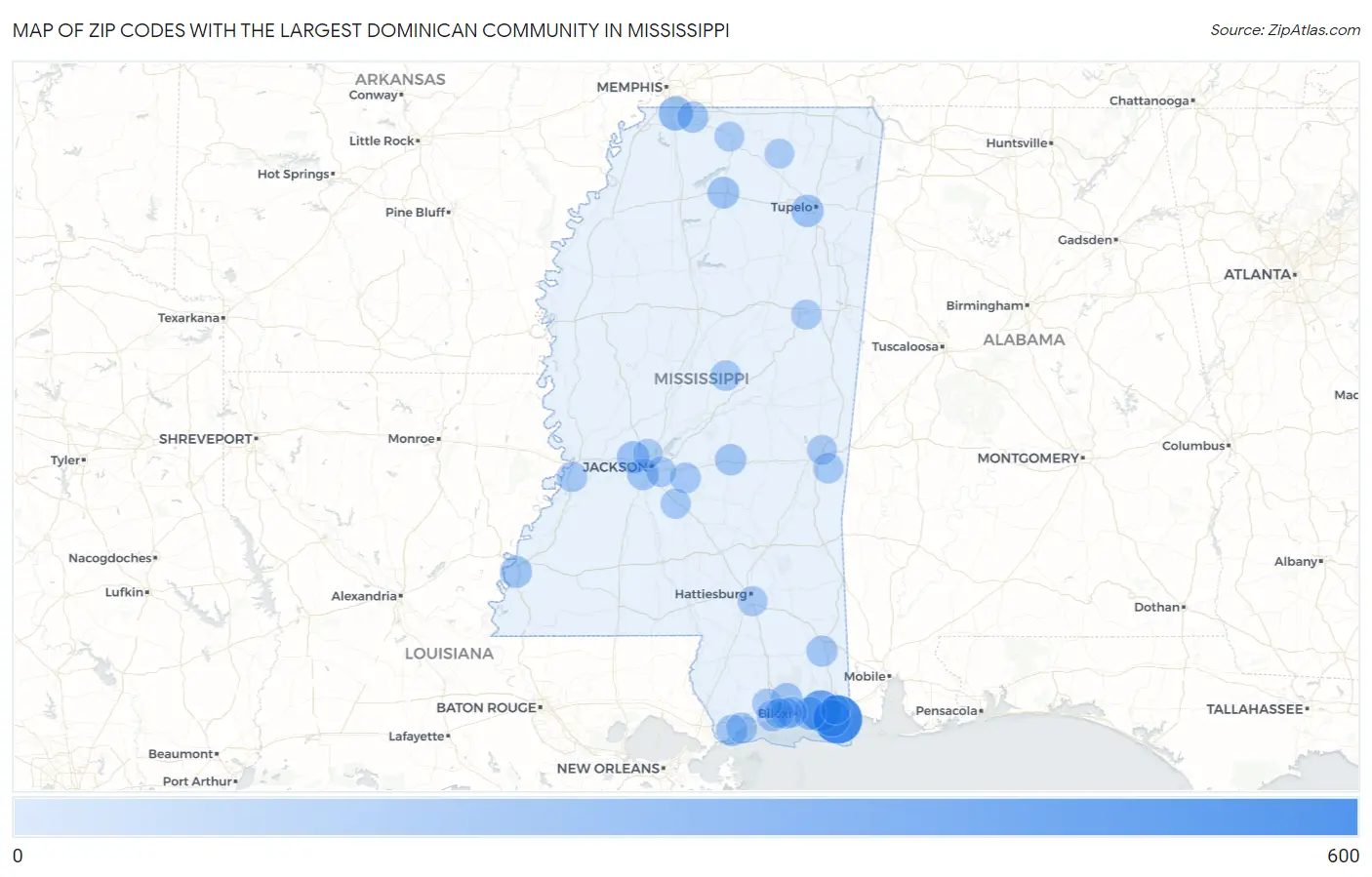 Zip Codes with the Largest Dominican Community in Mississippi Map