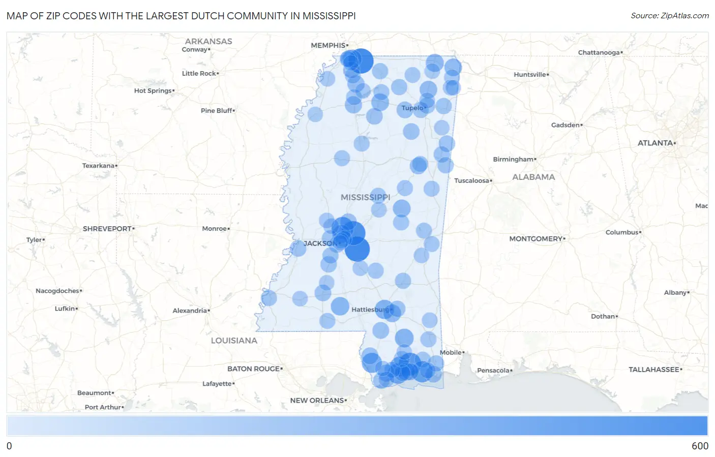 Zip Codes with the Largest Dutch Community in Mississippi Map