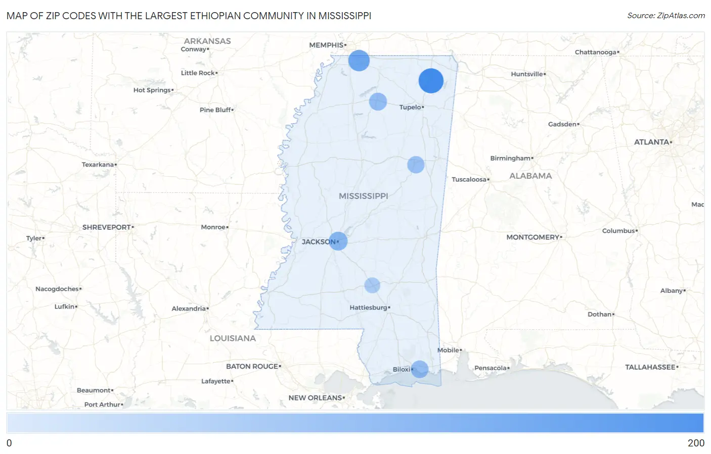 Zip Codes with the Largest Ethiopian Community in Mississippi Map