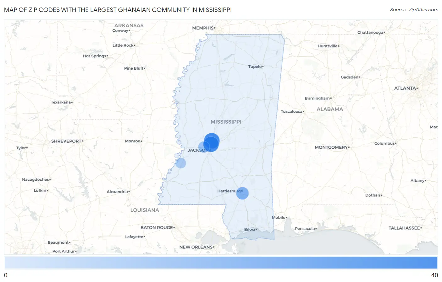 Zip Codes with the Largest Ghanaian Community in Mississippi Map