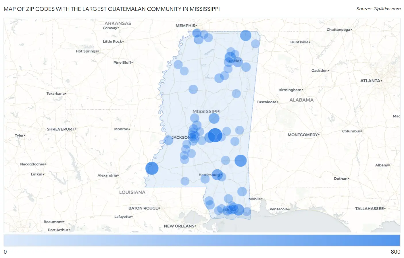 Zip Codes with the Largest Guatemalan Community in Mississippi Map