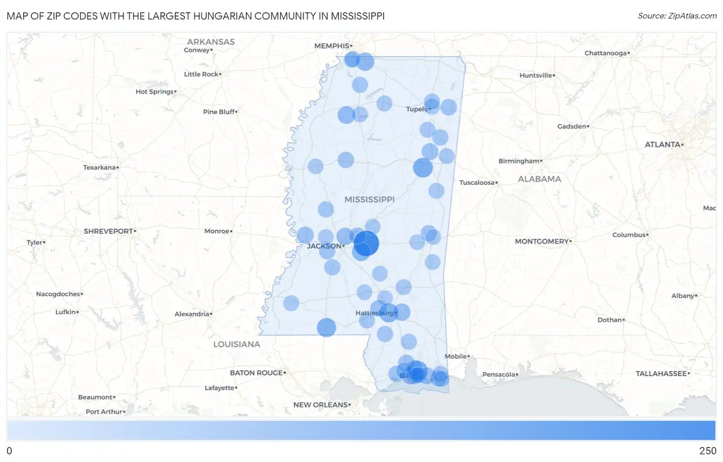 Zip Codes with the Largest Hungarian Community in Mississippi Map