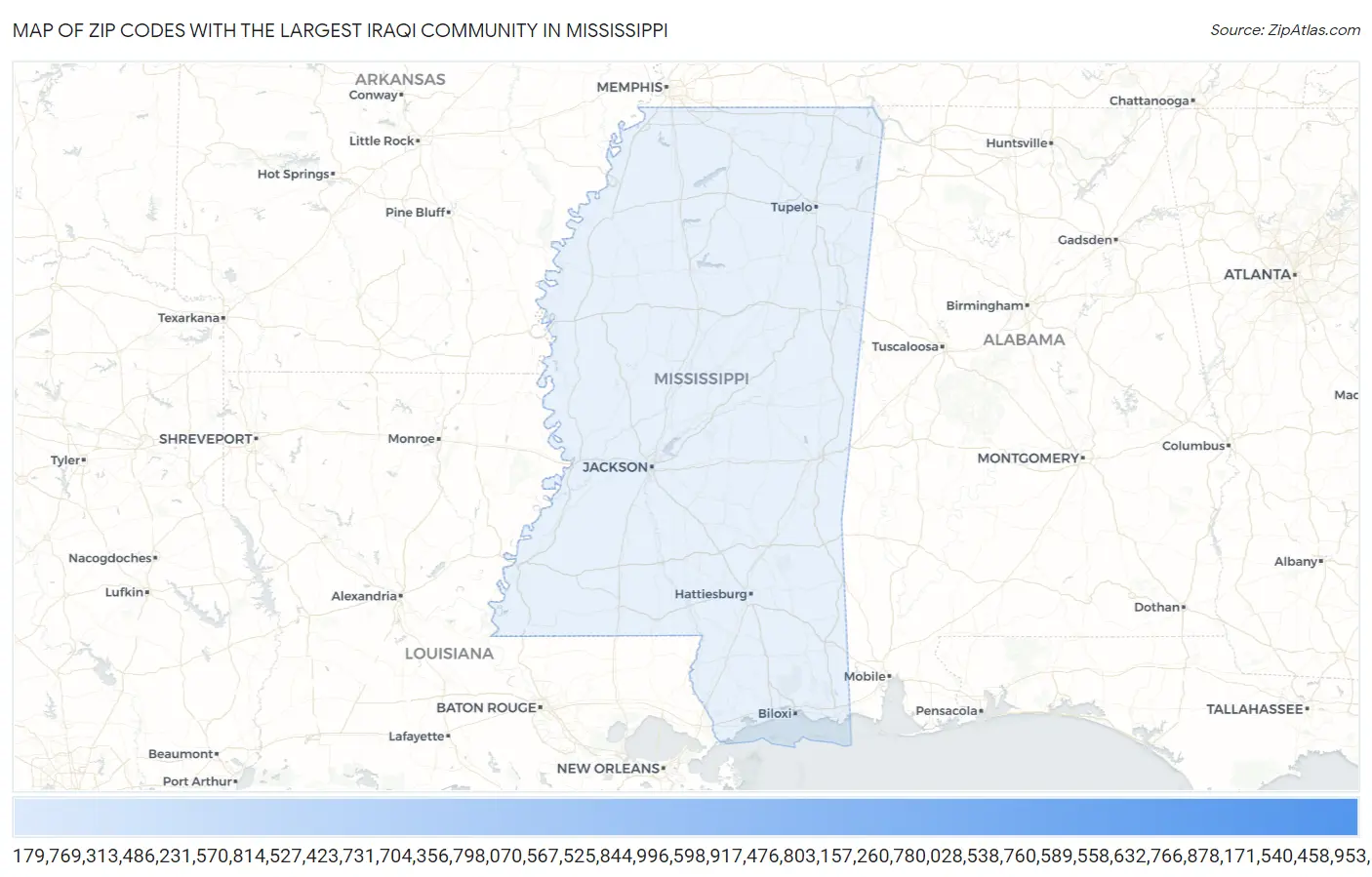 Zip Codes with the Largest Iraqi Community in Mississippi Map