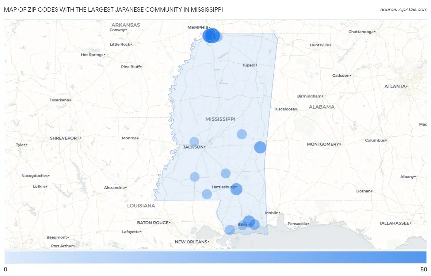 Zip Codes with the Largest Japanese Community in Mississippi Map