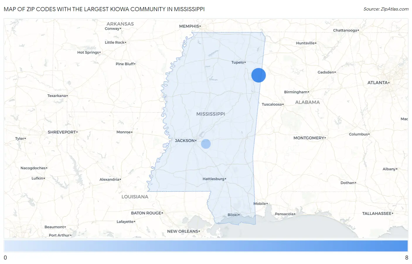 Zip Codes with the Largest Kiowa Community in Mississippi Map