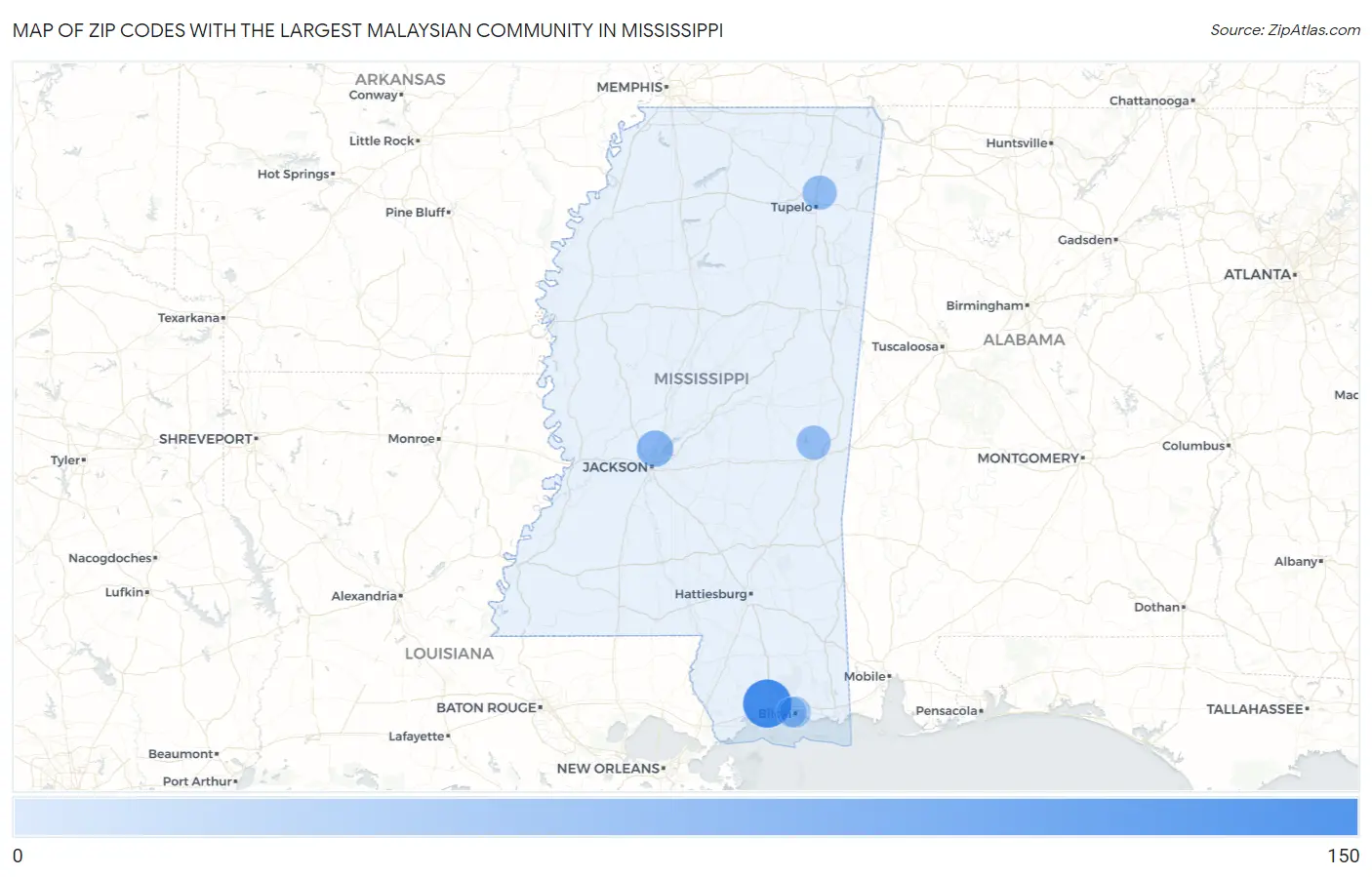 Zip Codes with the Largest Malaysian Community in Mississippi Map