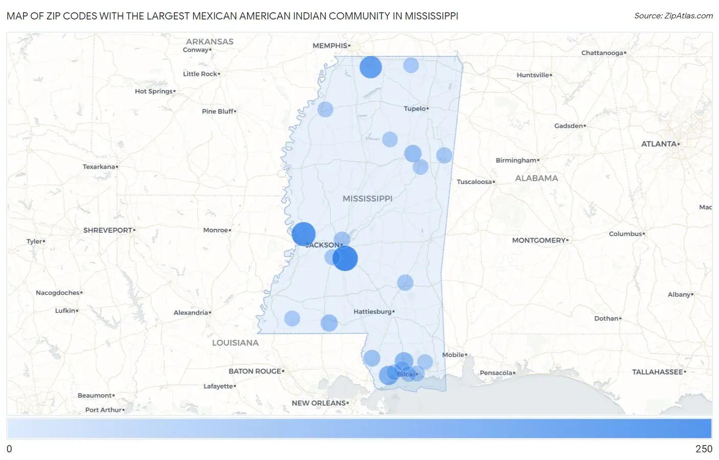 Zip Codes with the Largest Mexican American Indian Community in Mississippi Map