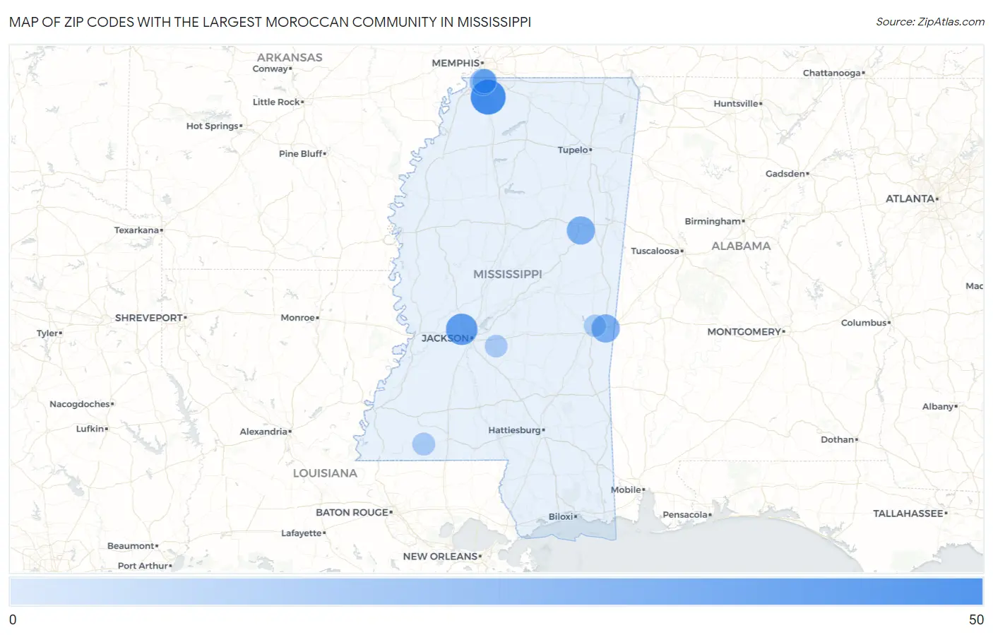 Zip Codes with the Largest Moroccan Community in Mississippi Map