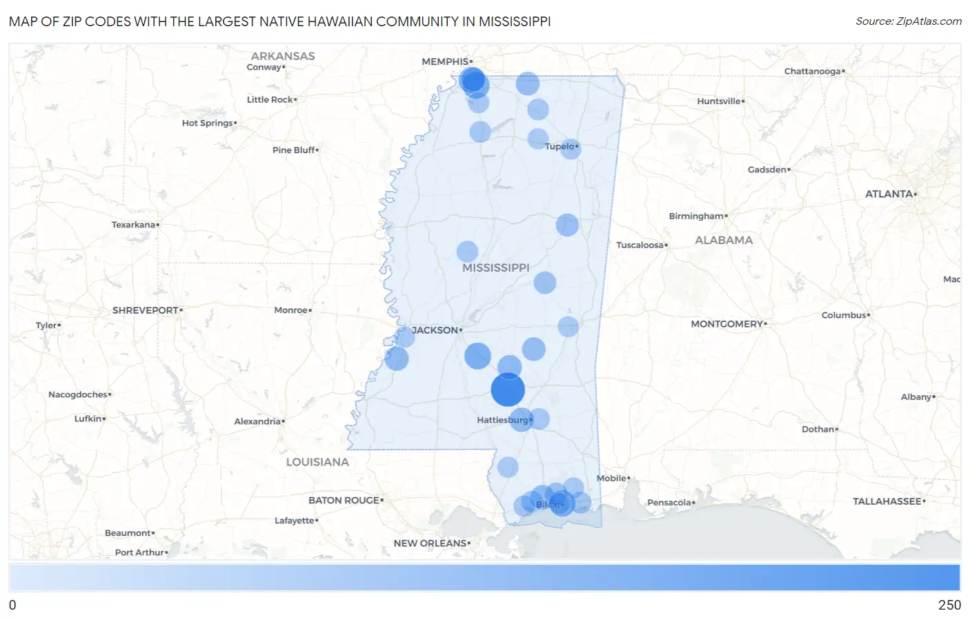 Zip Codes with the Largest Native Hawaiian Community in Mississippi Map