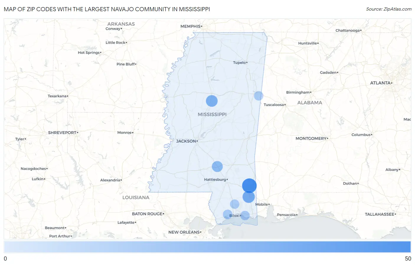 Zip Codes with the Largest Navajo Community in Mississippi Map
