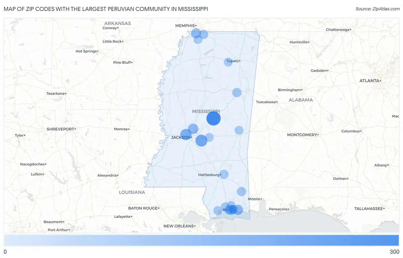 Zip Codes with the Largest Peruvian Community in Mississippi Map