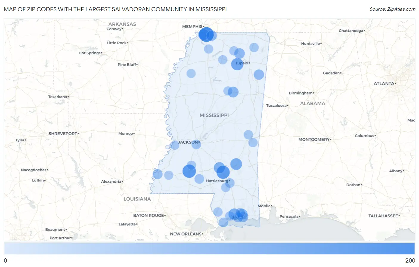 Zip Codes with the Largest Salvadoran Community in Mississippi Map