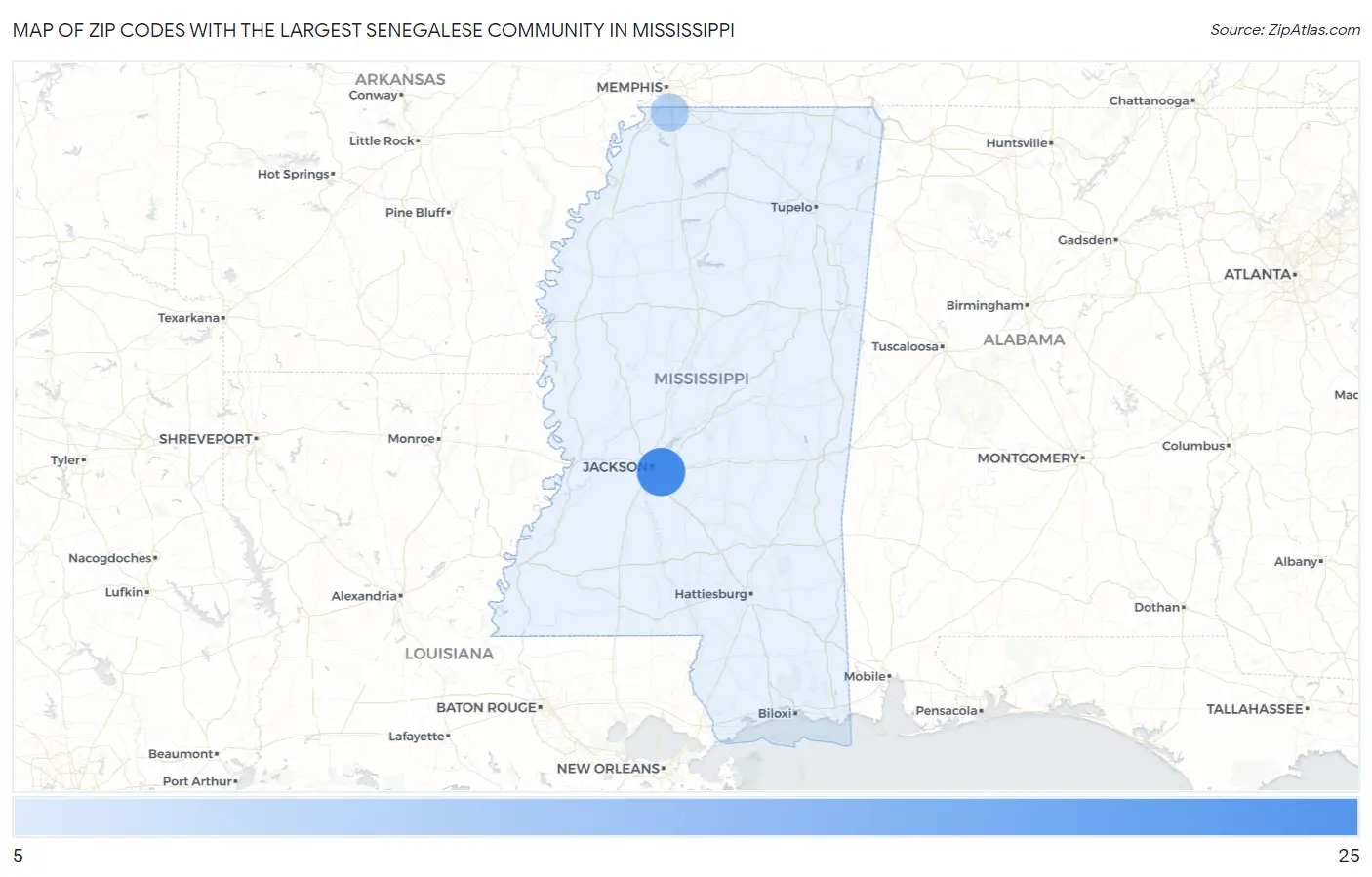 Zip Codes with the Largest Senegalese Community in Mississippi Map