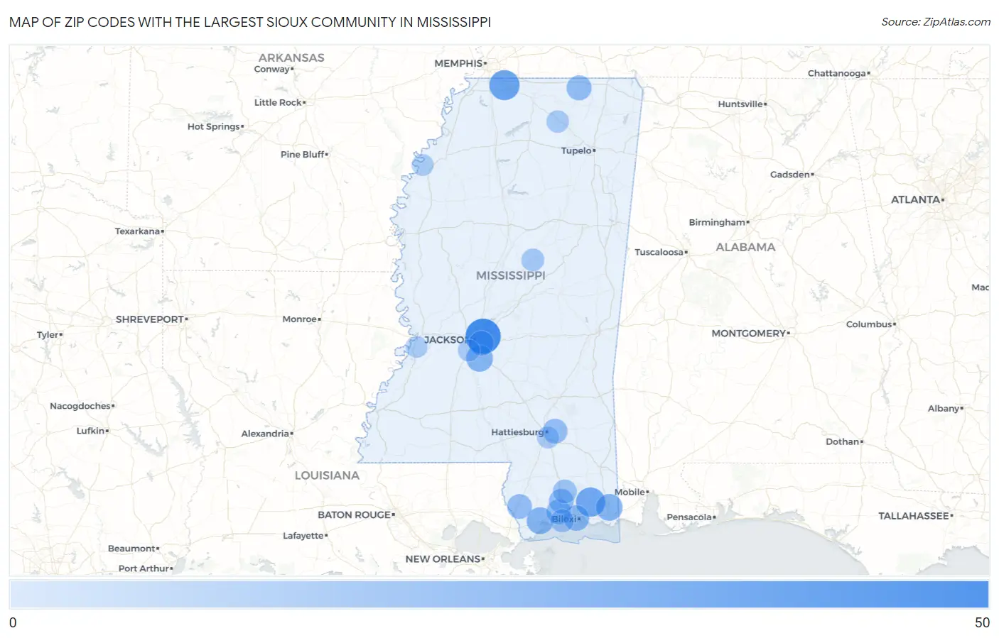 Zip Codes with the Largest Sioux Community in Mississippi Map