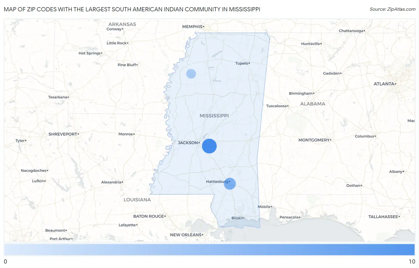 Zip Codes with the Largest South American Indian Community in Mississippi Map
