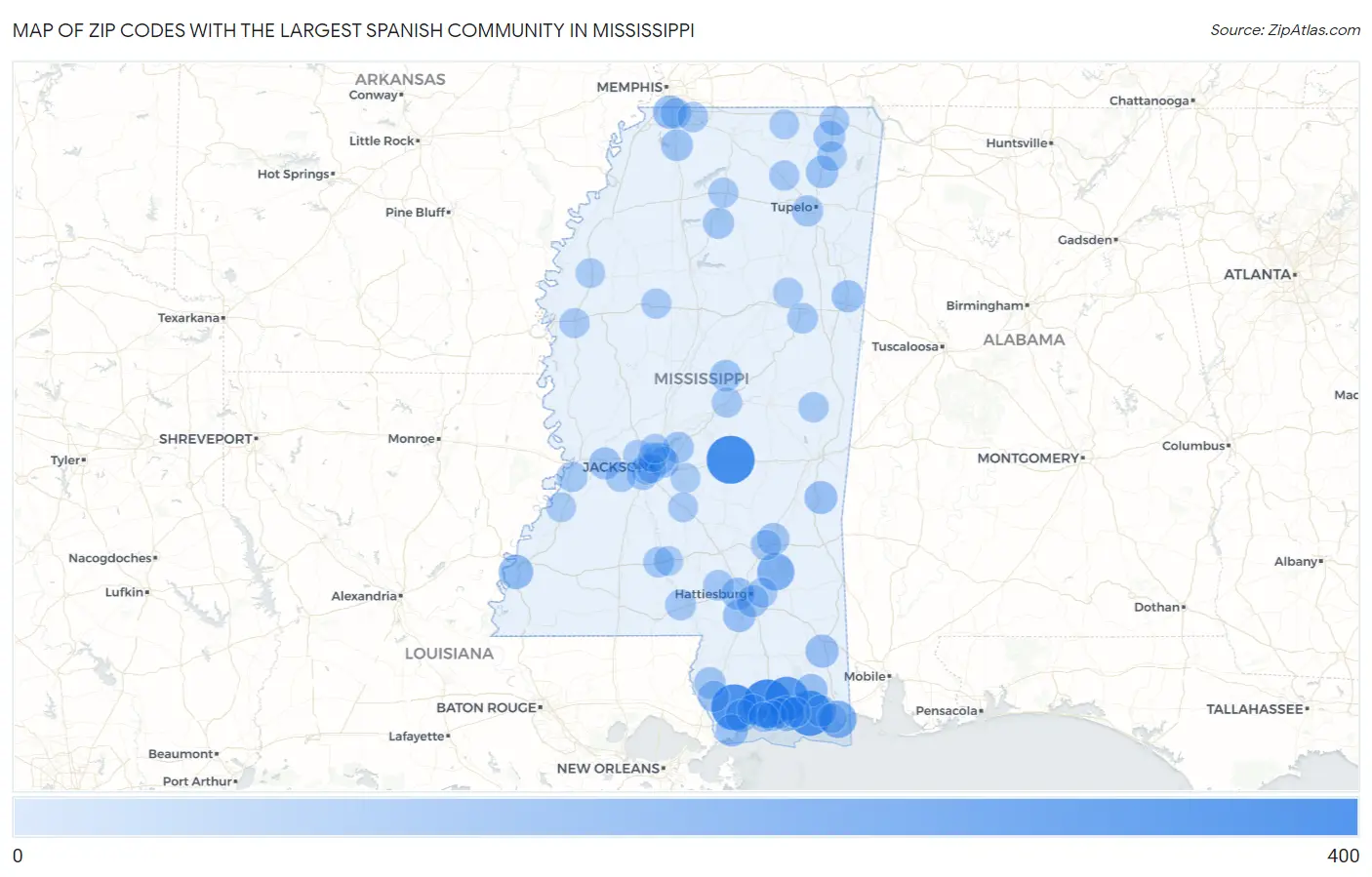 Zip Codes with the Largest Spanish Community in Mississippi Map