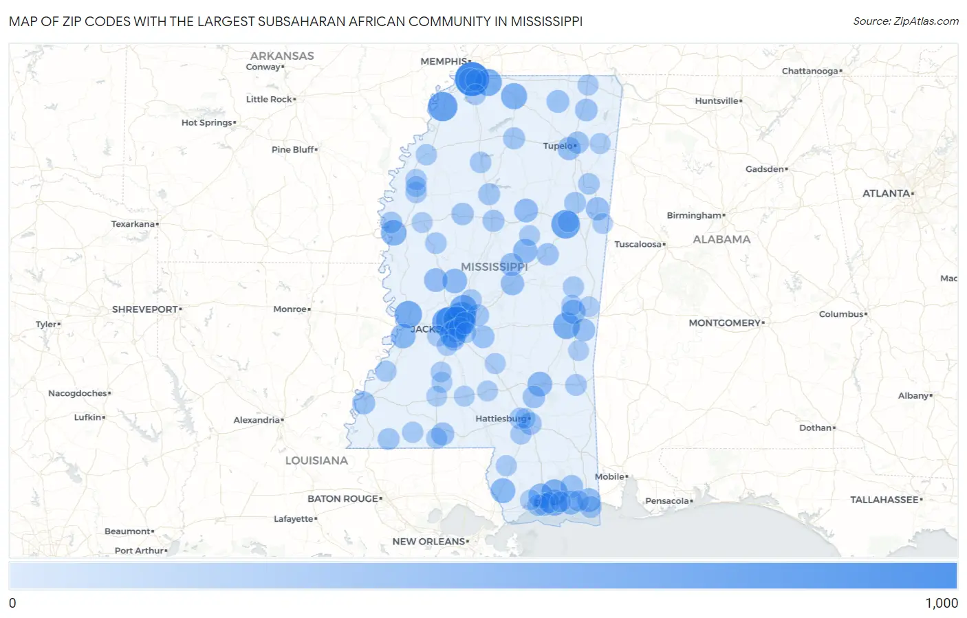 Zip Codes with the Largest Subsaharan African Community in Mississippi Map