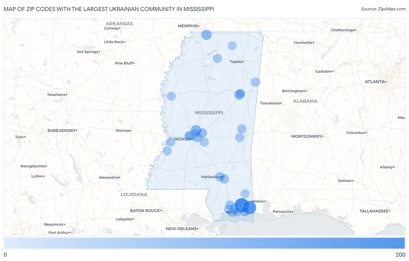 Zip Codes with the Largest Ukrainian Community in Mississippi Map