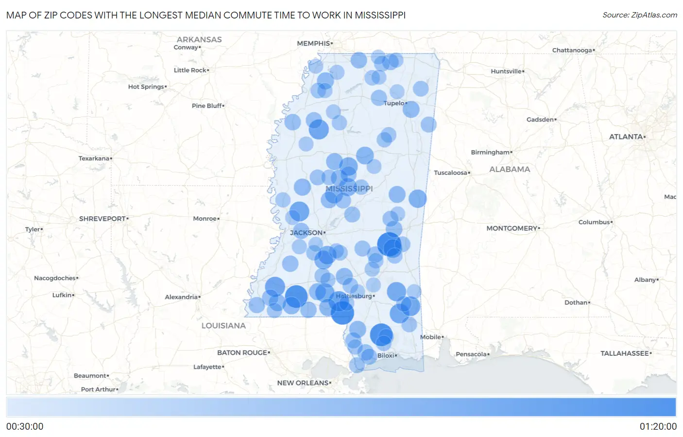 Zip Codes with the Longest Median Commute Time to Work in Mississippi Map