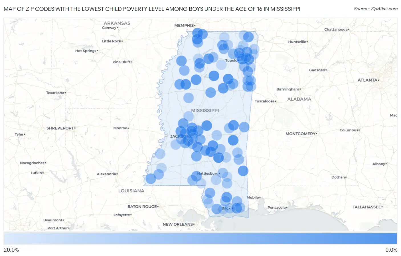 Zip Codes with the Lowest Child Poverty Level Among Boys Under the Age of 16 in Mississippi Map