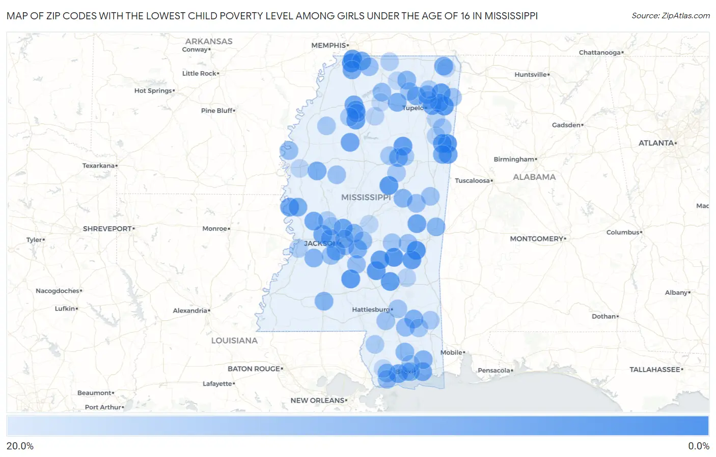 Zip Codes with the Lowest Child Poverty Level Among Girls Under the Age of 16 in Mississippi Map