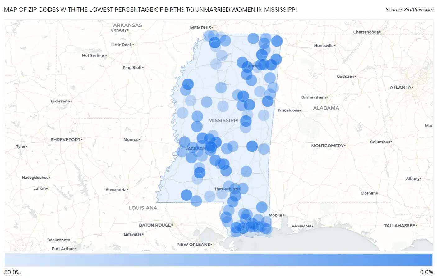 Zip Codes with the Lowest Percentage of Births to Unmarried Women in Mississippi Map