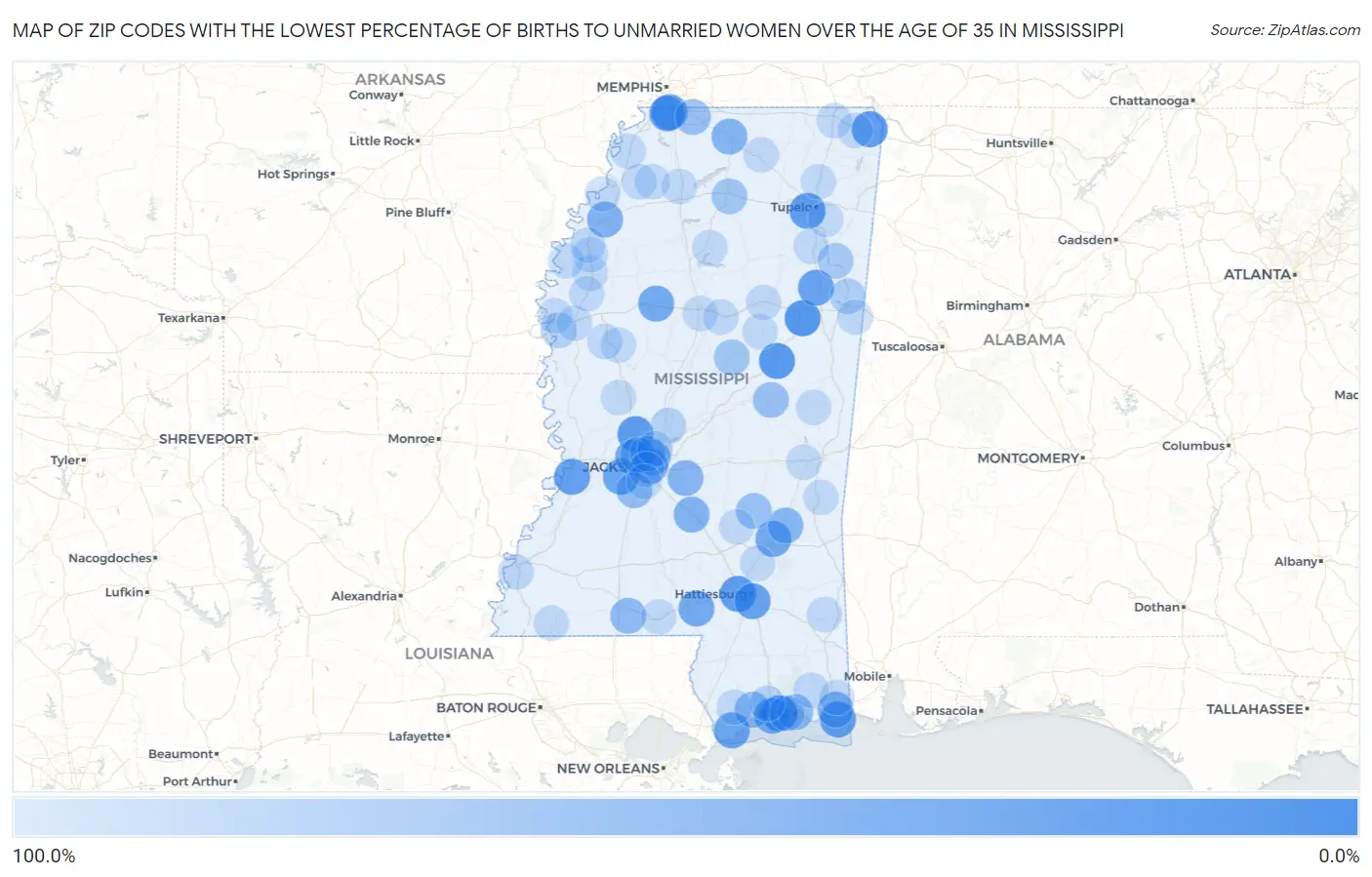 Zip Codes with the Lowest Percentage of Births to Unmarried Women over the Age of 35 in Mississippi Map
