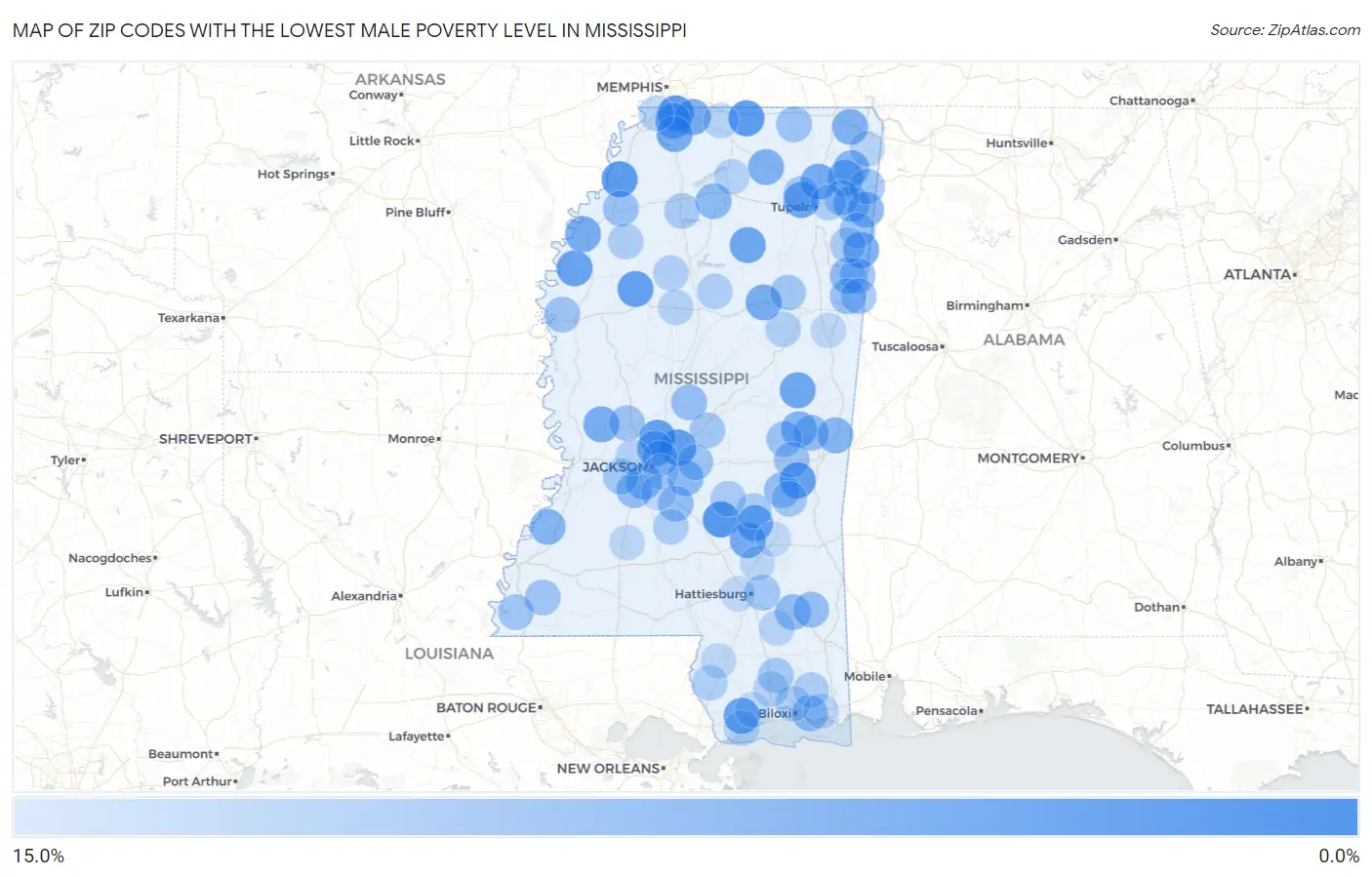 Zip Codes with the Lowest Male Poverty Level in Mississippi Map