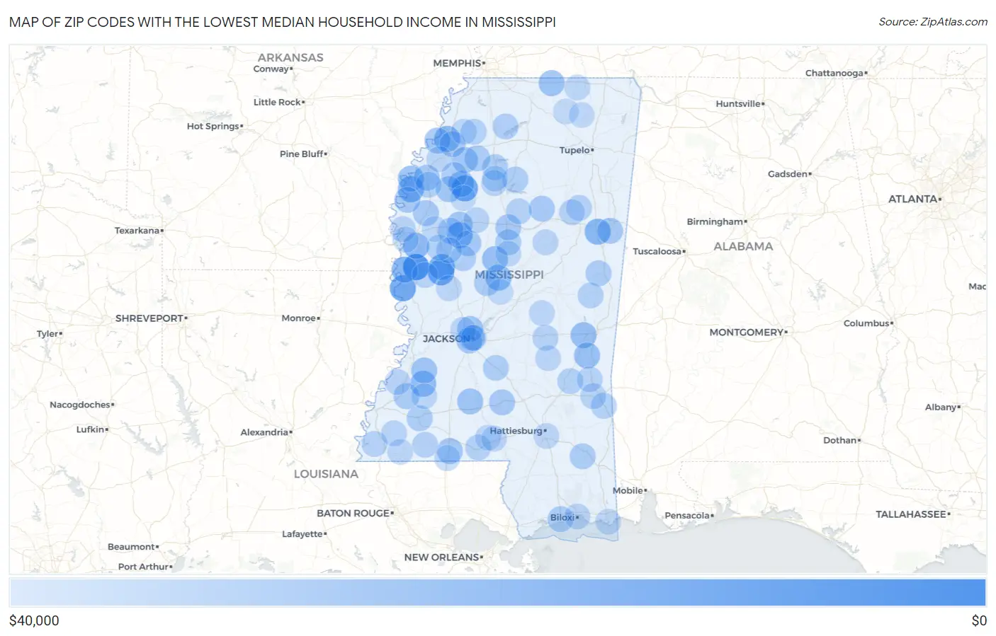 Zip Codes with the Lowest Median Household Income in Mississippi Map