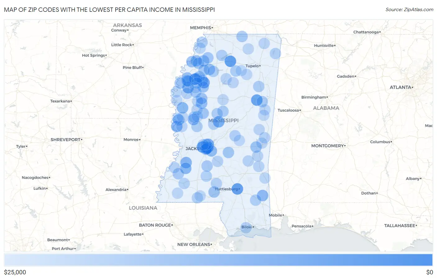 Zip Codes with the Lowest Per Capita Income in Mississippi Map