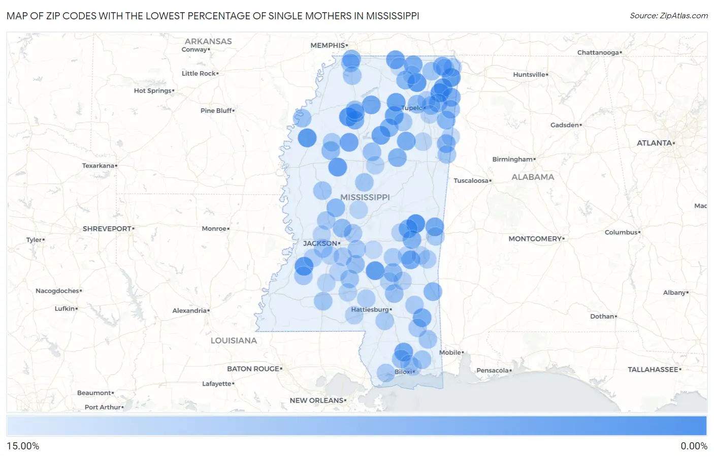 Zip Codes with the Lowest Percentage of Single Mothers in Mississippi Map