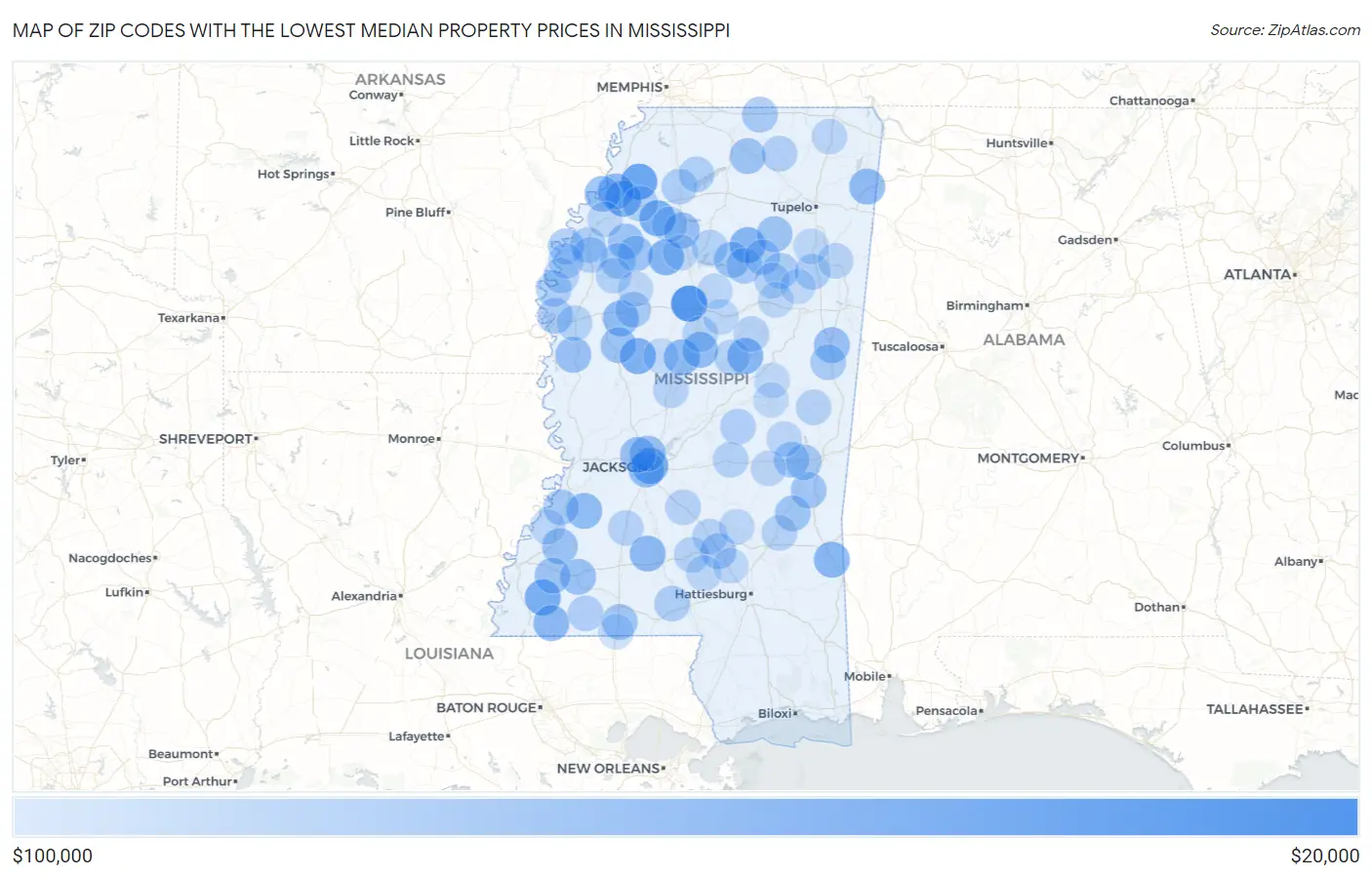 Zip Codes with the Lowest Median Property Prices in Mississippi Map