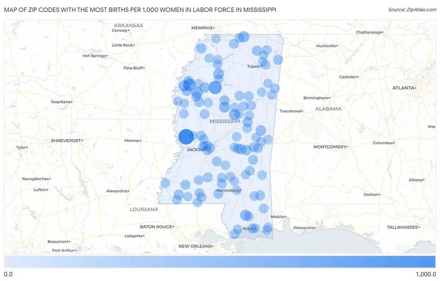 Zip Codes with the Most Births per 1,000 Women in Labor Force in Mississippi Map