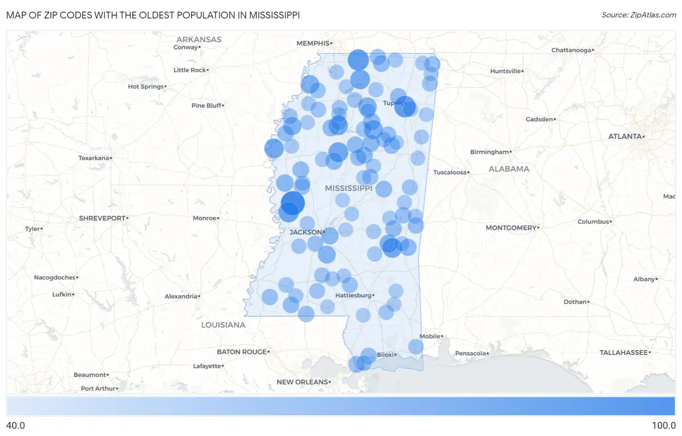 Zip Codes with the Oldest Population in Mississippi Map