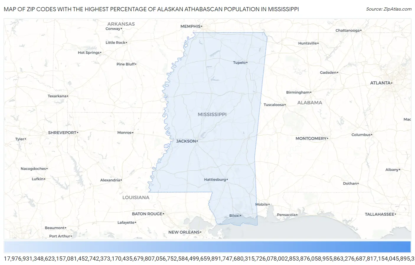 Zip Codes with the Highest Percentage of Alaskan Athabascan Population in Mississippi Map