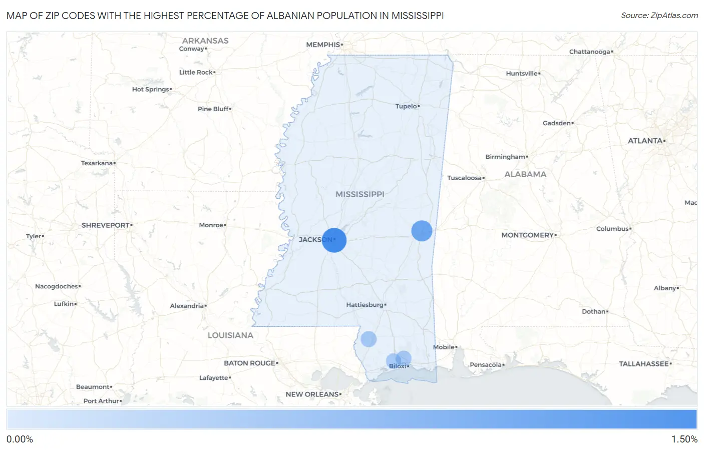 Zip Codes with the Highest Percentage of Albanian Population in Mississippi Map