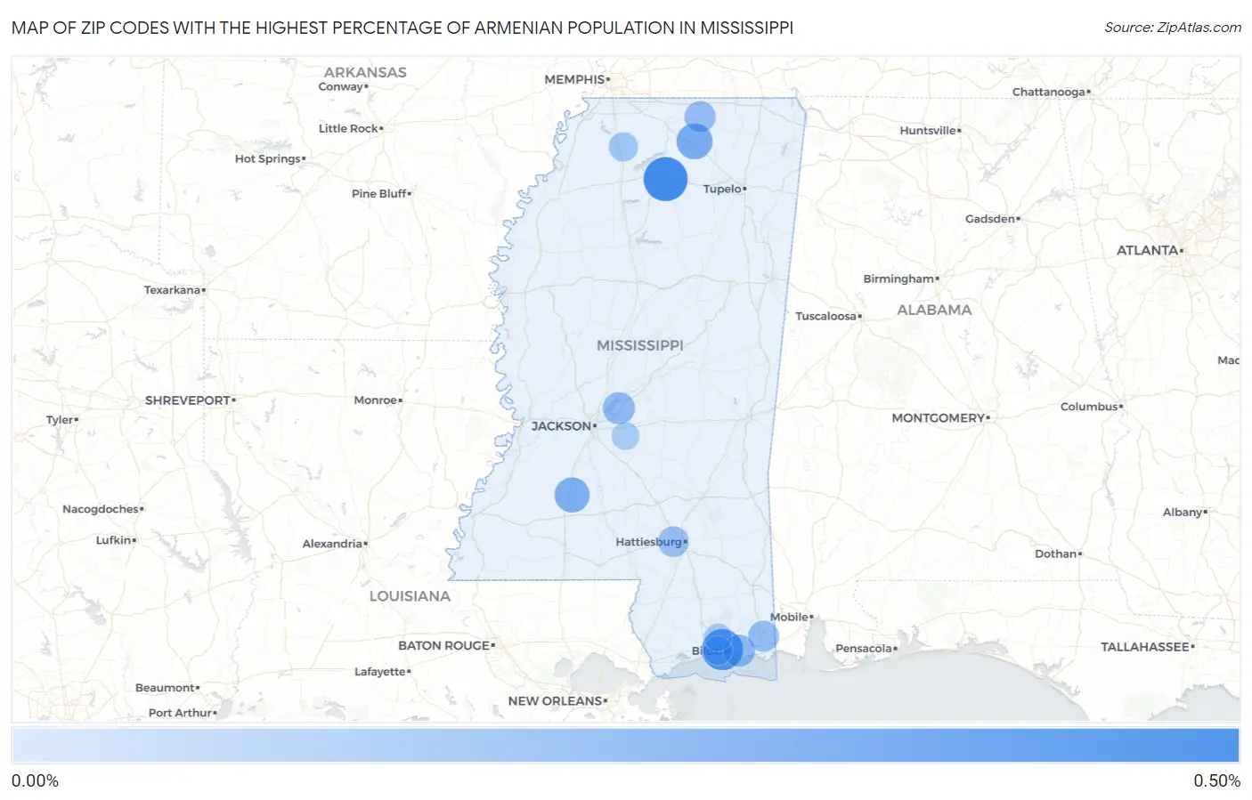 Zip Codes with the Highest Percentage of Armenian Population in Mississippi Map
