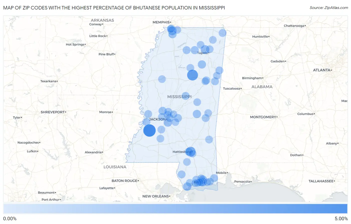 Zip Codes with the Highest Percentage of Bhutanese Population in Mississippi Map