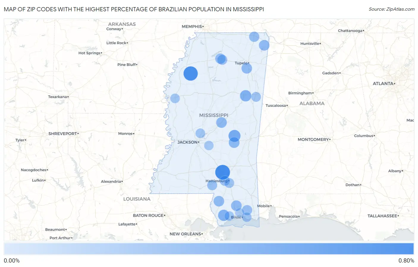 Zip Codes with the Highest Percentage of Brazilian Population in Mississippi Map
